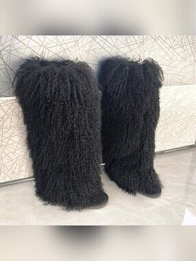 Genuine Mongolian Sheep Fur Black Knee Boots. NWT Size 8